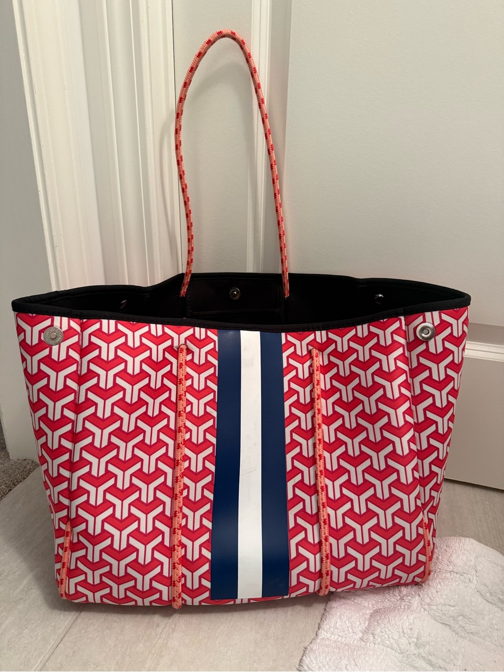 Pink and Orange Patterned Tote Bag with Navy Stripe